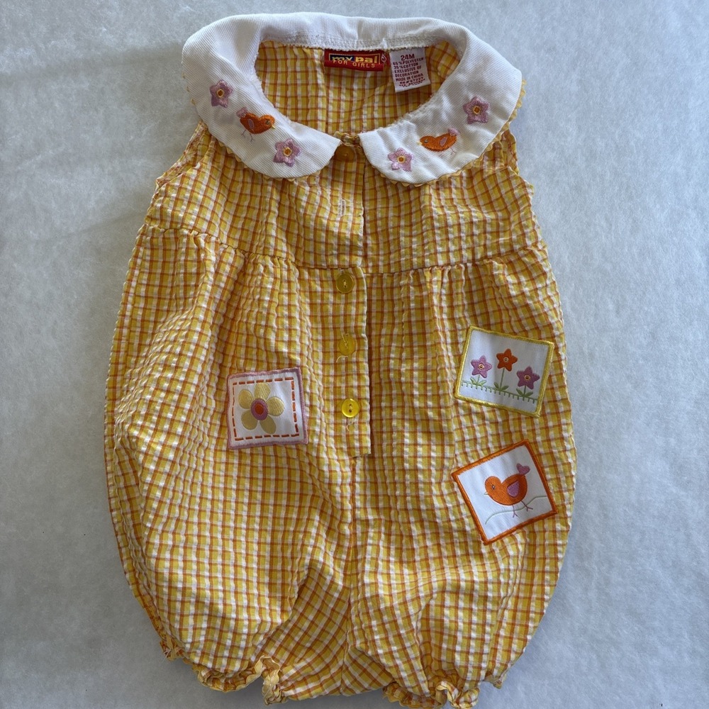 Vintage Baby Romper 90s Bubble Seersucker Gingham Birds And Flower One Piece 24M